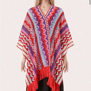Knitted shawl rainbow striped colours open knit with tassels pink purple blue OS